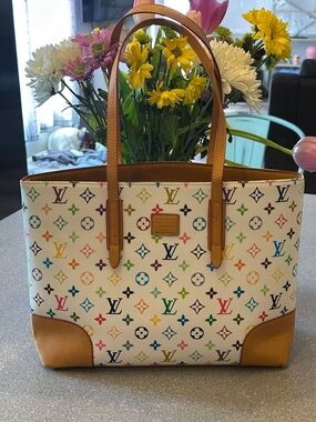 White Multicolor Monogram Canvas Tote with Tan Leather